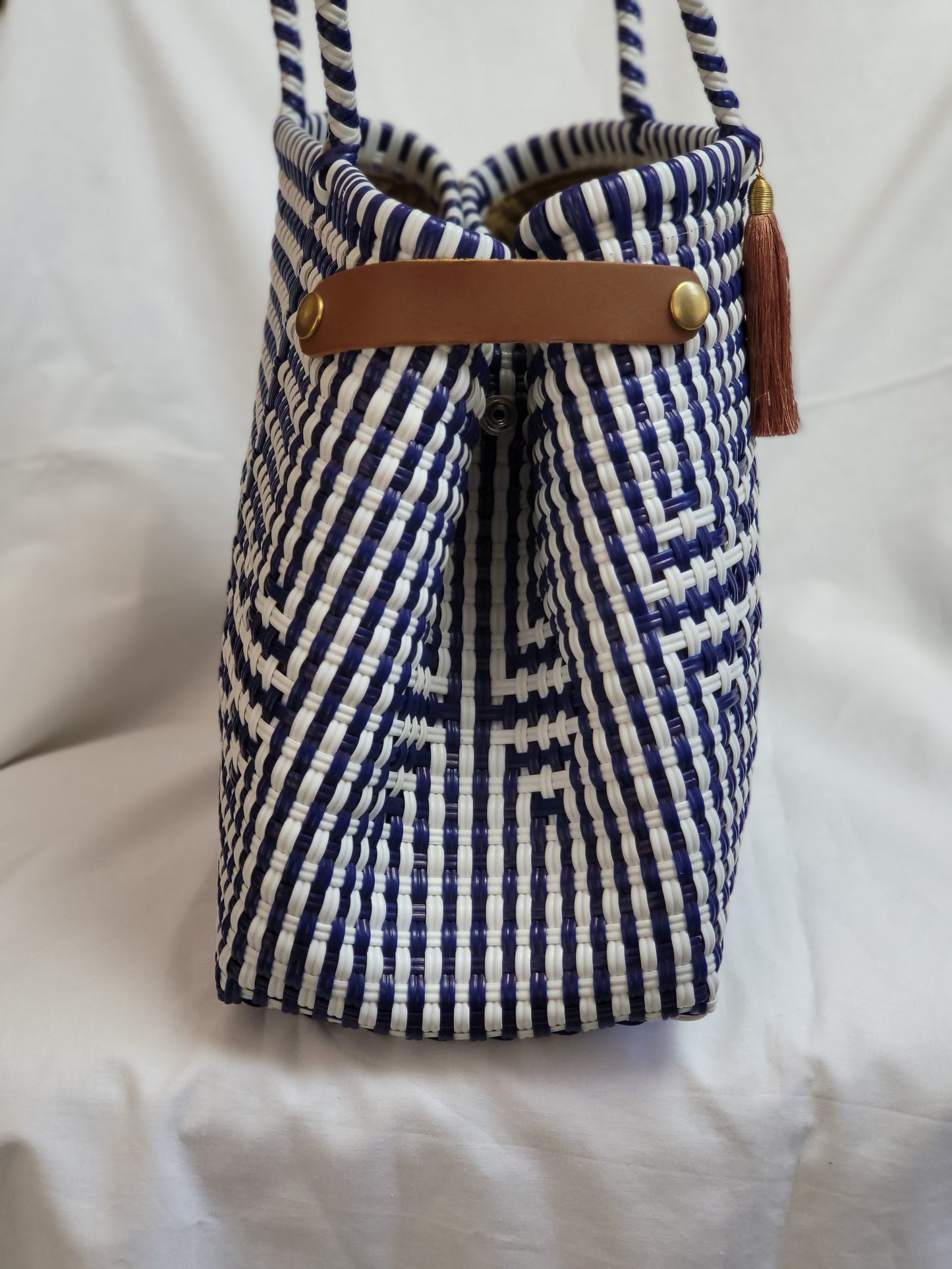 Lola Bucket Bag - Blue White with Tan Handle Double