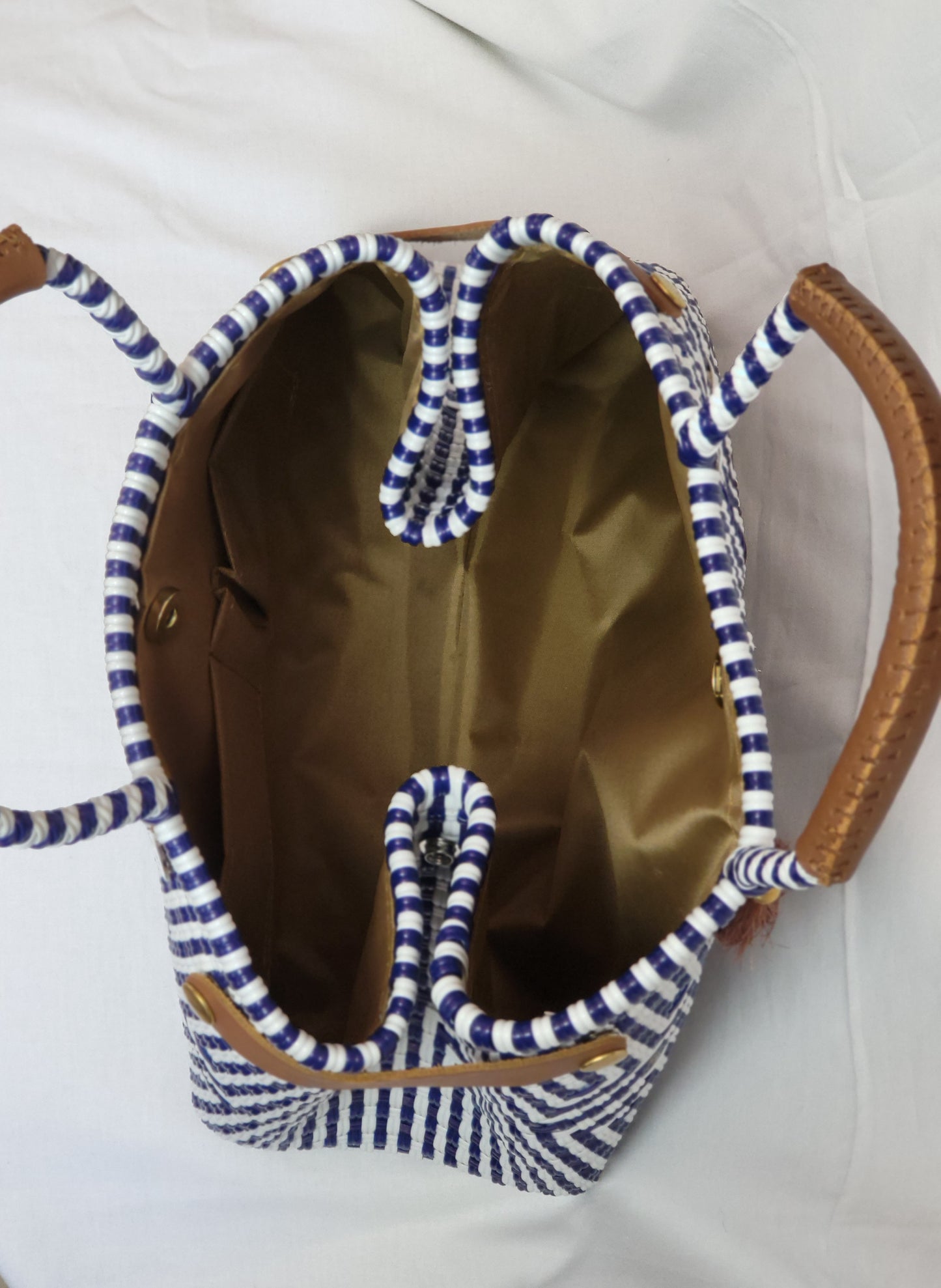 Lola Bucket Bag - Blue White with Tan Handle Double