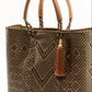 Side angle of brown and tan chevron woven bucket bag made from recycled plastics and featuring a tan leather handle and tassel detail